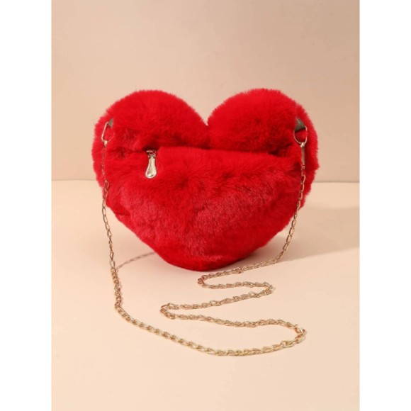 Neon Red Heart Design Fuzzy Chain Novelty Bag - Picture 1 of 5